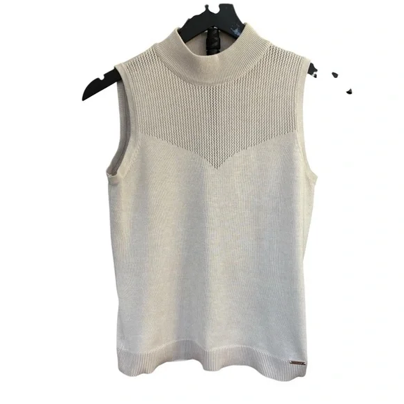 Tahari Pointelle Beige Mock Turtleneck Tank w/Ribbed Soft Knit Women’s S - Picture 1 of 6